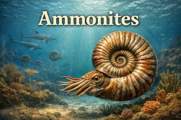 Life reconstruction of an ammonite in a Mesozoic marine environment, illustrating its coiled shell, tentacles, and active predatory lifestyle in Earth’s ancient oceans.